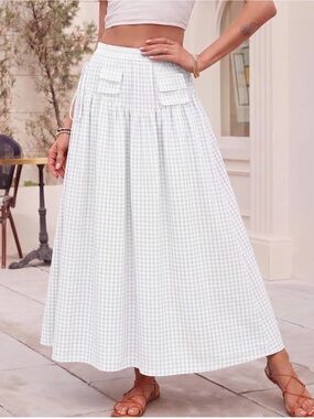 Gingham Maxi Skirt with Front Pockets - White